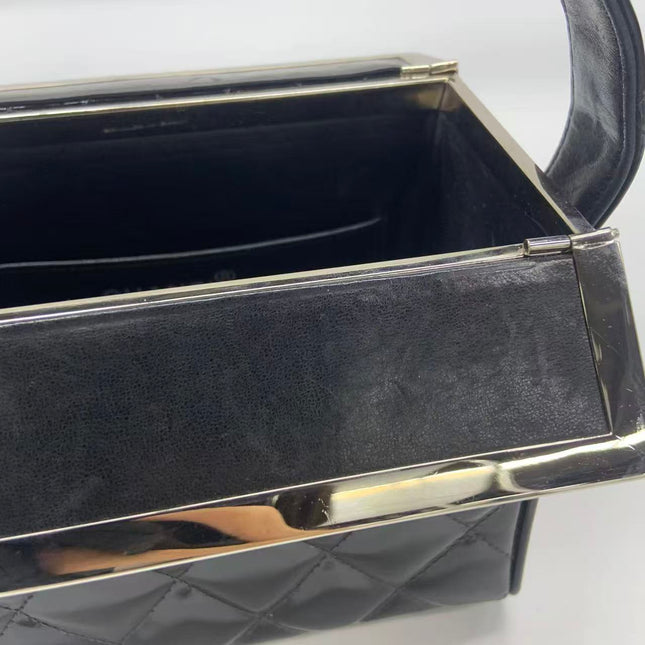 Chanel Vanity Case Vintage Black Patent Leather Silver Clasp Hardware