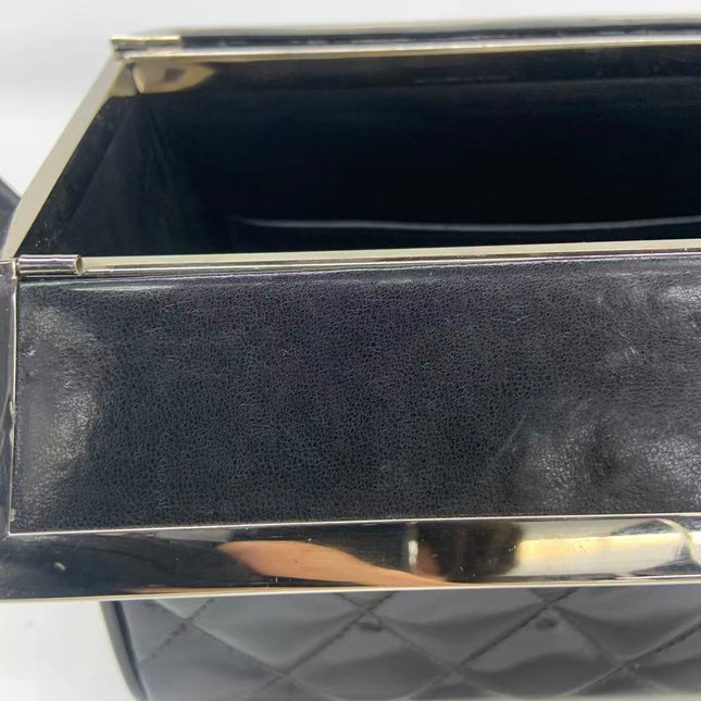 Chanel Vanity Case Vintage Black Patent Leather Silver Clasp Hardware