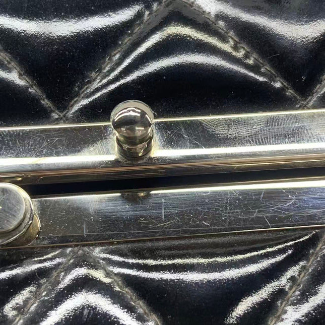 Chanel Vanity Case Vintage Black Patent Leather Silver Clasp Hardware