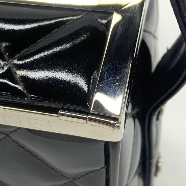 Chanel Vanity Case Vintage Black Patent Leather Silver Clasp Hardware