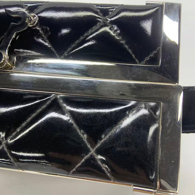 Chanel Vanity Case Vintage Black Patent Leather Silver Clasp Hardware