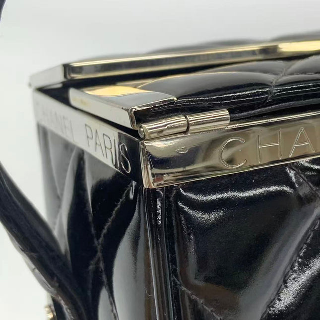 Chanel Vanity Case Vintage Black Patent Leather Silver Clasp Hardware