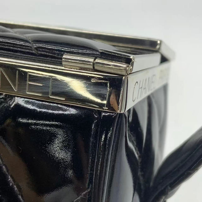 Chanel Vanity Case Vintage Black Patent Leather Silver Clasp Hardware
