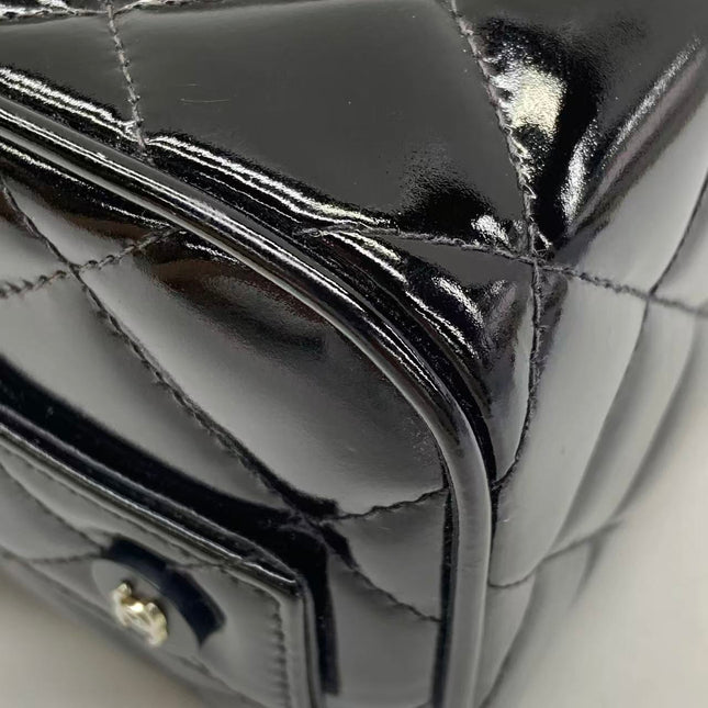 Chanel Vanity Case Vintage Black Patent Leather Silver Clasp Hardware