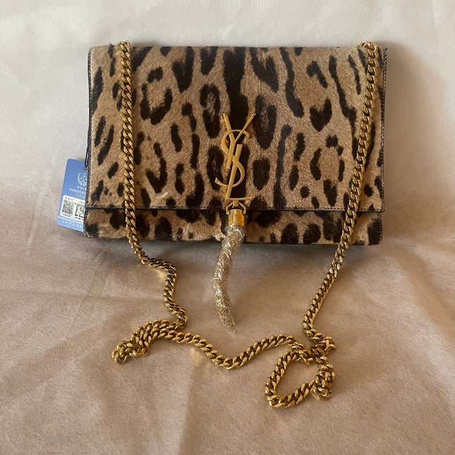 YSL Saint Laurent Kate Small Pony-style Calfskin Leather Leopard Print Tassle Crossbody Bag