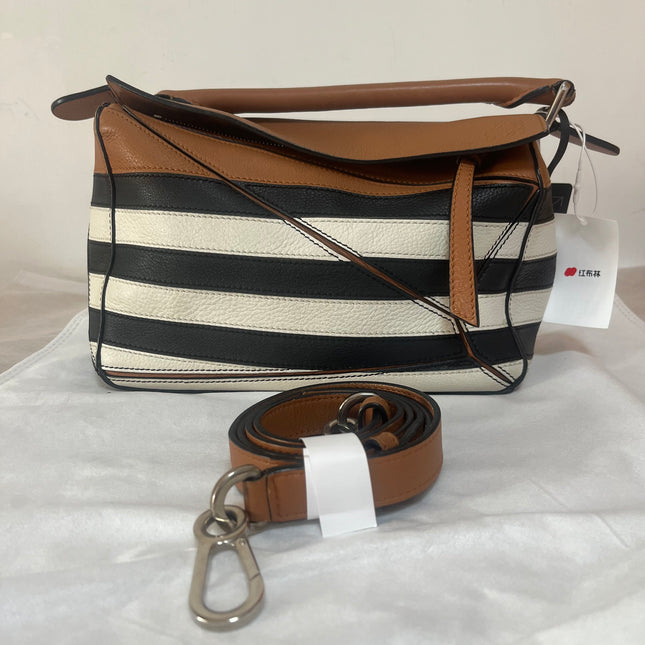 Loewe Puzzle Small Black White Brown Stripes Crossbody Bag 2019