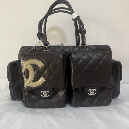 Chanel Cambon Large Dark Brown Calfskin Leather Double Strap Handbag