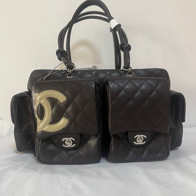 Chanel Cambon Large Dark Brown Calfskin Leather Double Strap Handbag