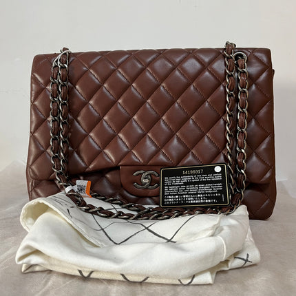 Chanel Classic Flap Maxi Chocolate Brown Lambskin Leather Single Flap Silver Hardware