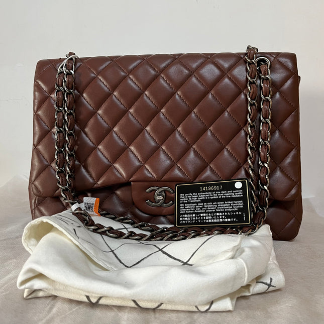 Chanel Classic Flap Maxi Chocolate Brown Lambskin Leather Single Flap Silver Hardware