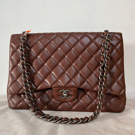 Chanel Classic Flap Maxi Chocolate Brown Lambskin Leather Single Flap Silver Hardware