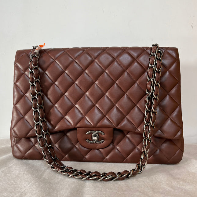 Chanel Classic Flap Maxi Chocolate Brown Lambskin Leather Single Flap Silver Hardware