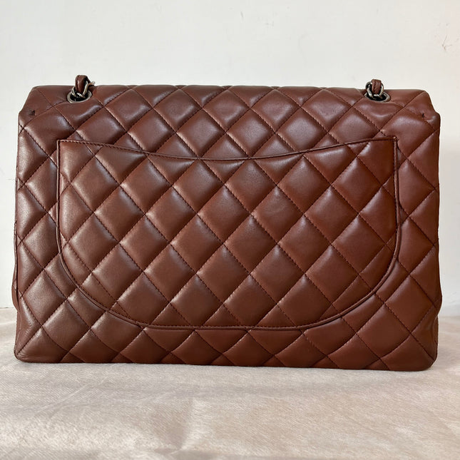 Chanel Classic Flap Maxi Chocolate Brown Lambskin Leather Single Flap Silver Hardware