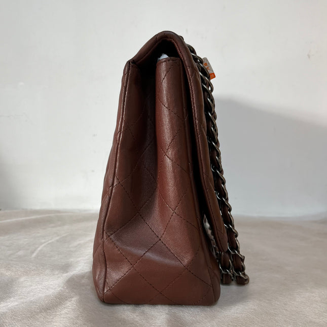 Chanel Classic Flap Maxi Chocolate Brown Lambskin Leather Single Flap Silver Hardware