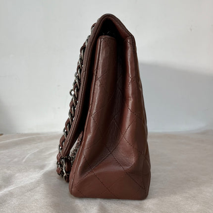Chanel Classic Flap Maxi Chocolate Brown Lambskin Leather Single Flap Silver Hardware