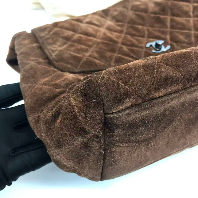Chanel Vintage Kelly Brown Suede Leather Shoulder Bag Silver Hardware, 1996-1997