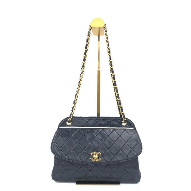 Chanel 1989-1991 Navy Lambskin Quilted Flap Bag 24k Gold Hardware-Luxbags
