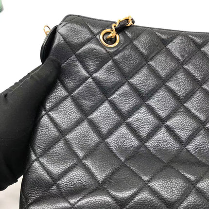 Chanel Vintage Front Pocket Tote Black Quilted Caviar Leather Double Gold Leather Chain