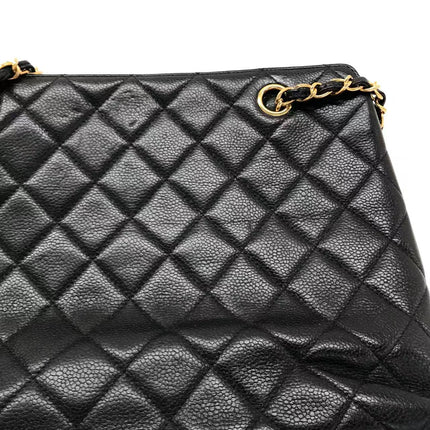 Chanel Vintage Front Pocket Tote Black Quilted Caviar Leather Double Gold Leather Chain