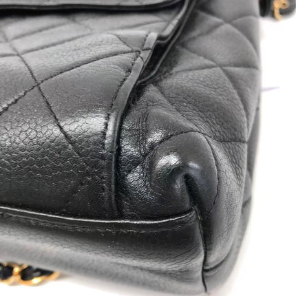 Chanel Vintage Front Pocket Tote Black Quilted Caviar Leather Double Gold Leather Chain