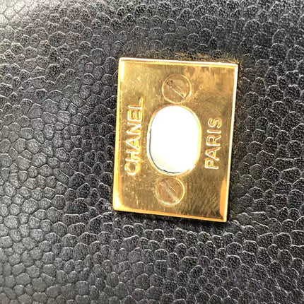 Chanel Vintage Front Pocket Tote Black Quilted Caviar Leather Double Gold Leather Chain