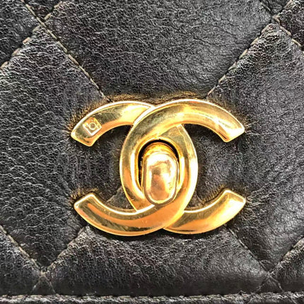 Chanel Vintage Front Pocket Tote Black Quilted Caviar Leather Double Gold Leather Chain