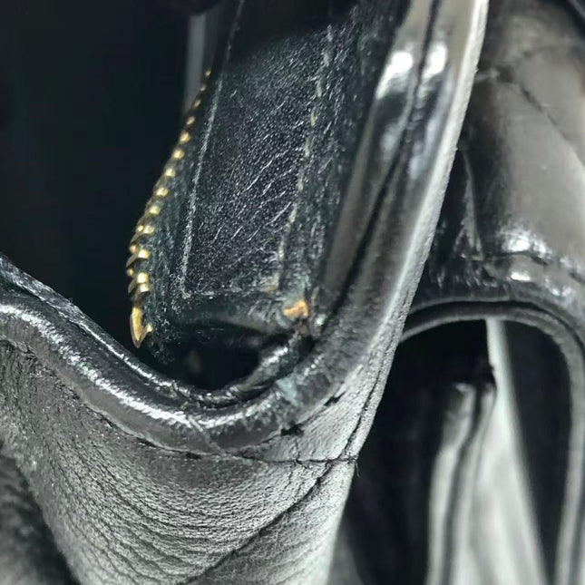 Chanel Vintage Front Pocket Tote Black Quilted Caviar Leather Double Gold Leather Chain