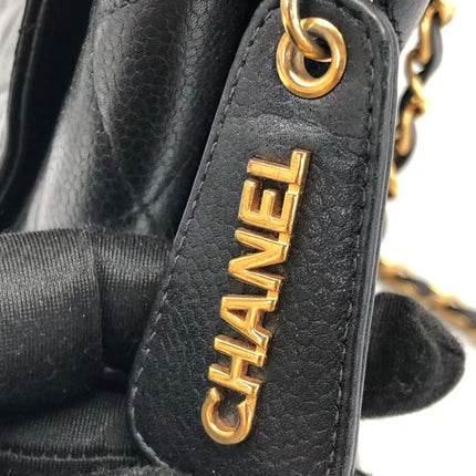 Chanel Vintage Front Pocket Tote Black Quilted Caviar Leather Double Gold Leather Chain