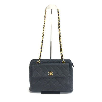 Chanel Vintage Front Pocket Tote Black Quilted Caviar Leather Double Gold Leather Chain-Luxbags