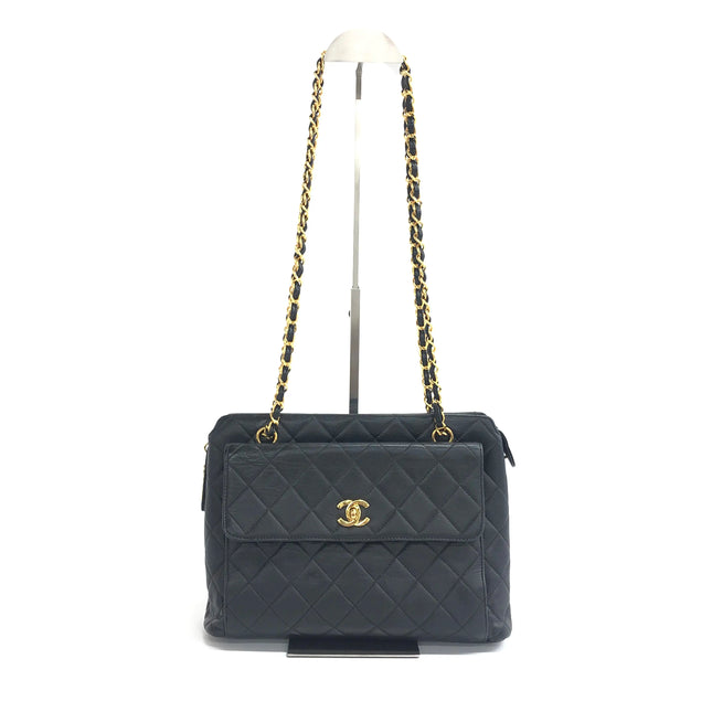 Chanel Vintage Front Pocket Tote Black Quilted Caviar Leather Double Gold Leather Chain-Luxbags