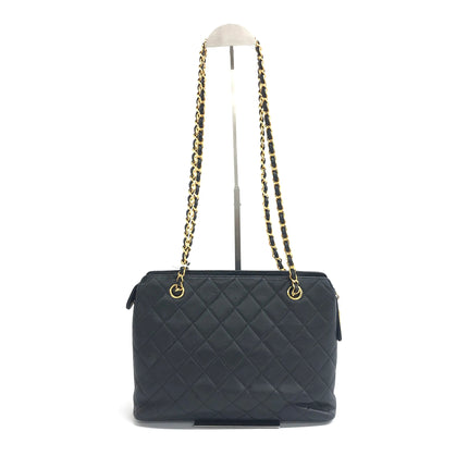 Chanel Vintage Front Pocket Tote Black Quilted Caviar Leather Double Gold Leather Chain