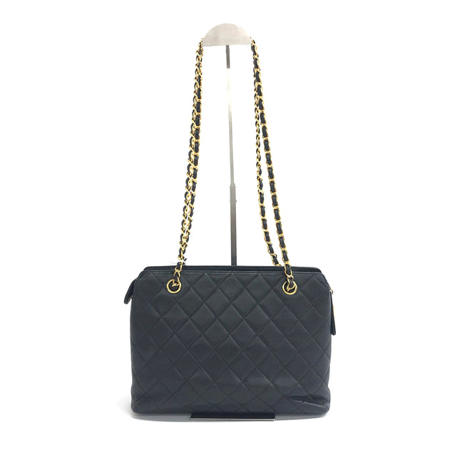 Chanel Vintage Front Pocket Tote Black Quilted Caviar Leather Double Gold Leather Chain