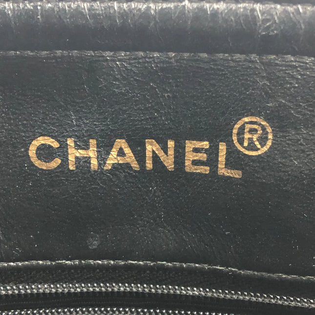 Chanel Vintage Front Pocket Tote Black Quilted Caviar Leather Double Gold Leather Chain