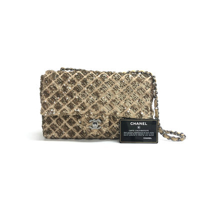 Chanel Glitter Flap Bag Medium Gold Glitter Sequins and Fabric-Luxbags