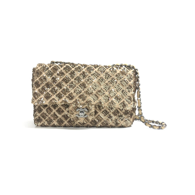 Chanel Glitter Flap Bag Medium Gold Glitter Sequins and Fabric