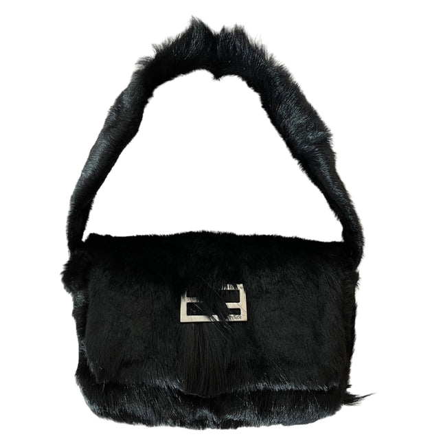 Fendi Black Faux Fur FF Logo Flap Shoulder Bag-Luxbags