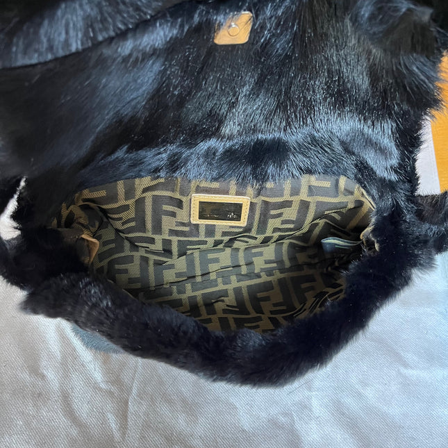 Fendi Black Faux Fur FF Logo Flap Shoulder Bag