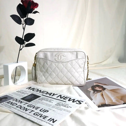 Chanel Vintage Camera Bag White Lizard-skin Leather 1986-1988-Luxbags
