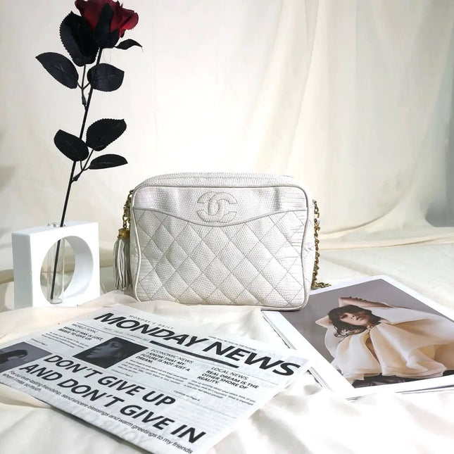 Chanel Vintage Camera Bag White Lizard-skin Leather 1986-1988-Luxbags