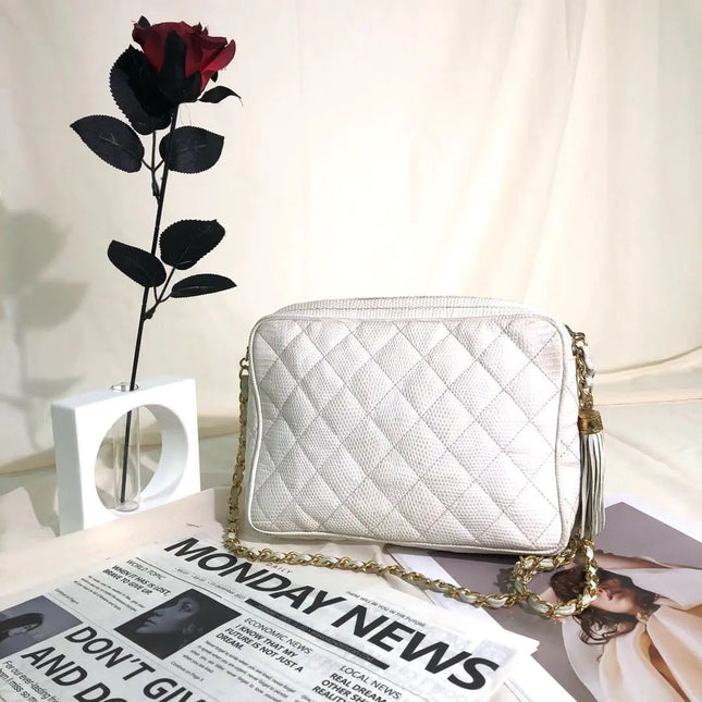 Chanel Vintage Camera Bag White Lizard-skin Leather 1986-1988