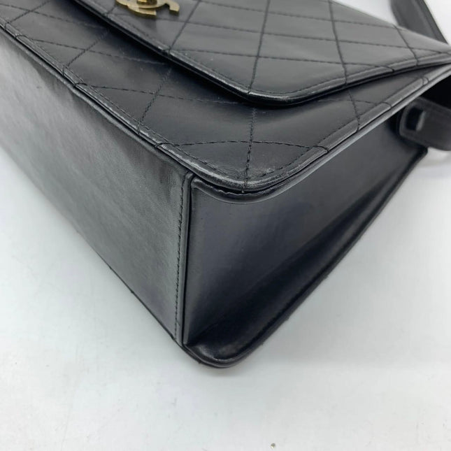 Chanel Vintage Kelly Style Black Leather Shoulder Bag Diamond Stitch Medium