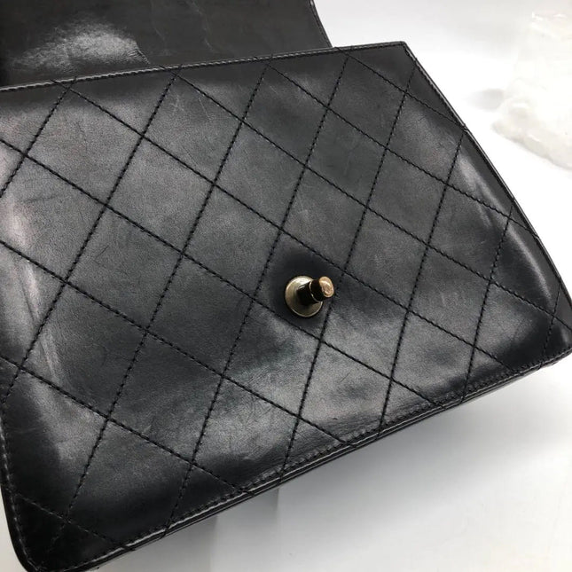Chanel Vintage Kelly Style Black Leather Shoulder Bag Diamond Stitch Medium