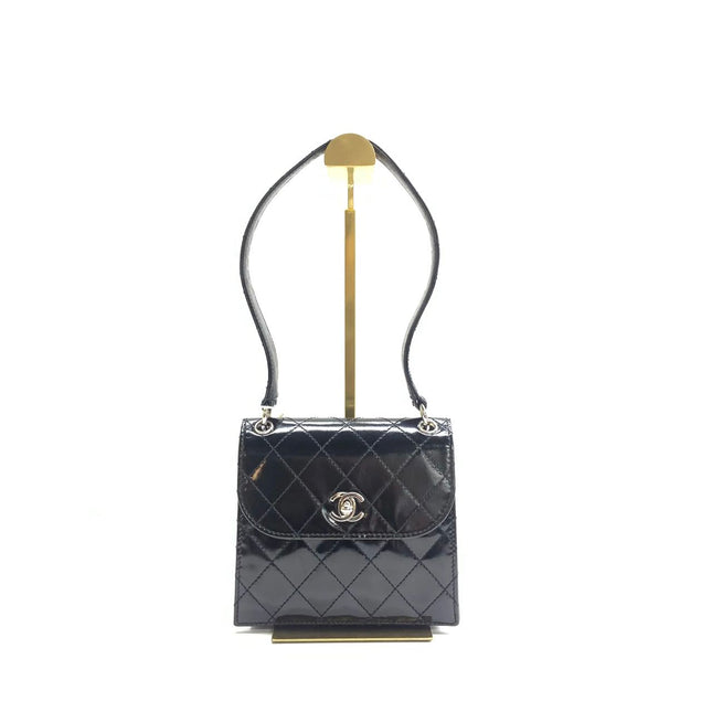 Chanel Vintage Kelly Style Mini Black Patent Leather Shoulder Bag Diamond Stitch-Luxbags