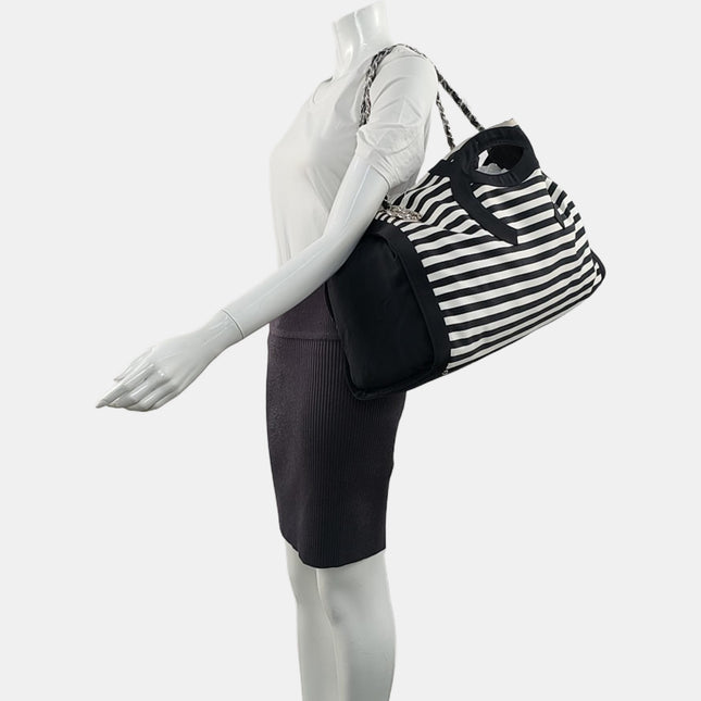 Chanel Cambon Large Navy Striped Canvas Tote Bag