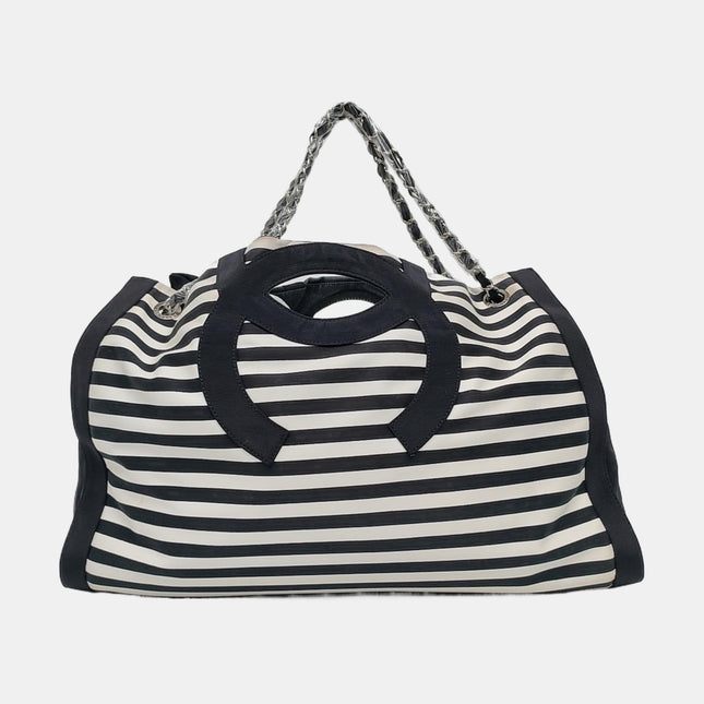 Chanel Cambon Large Navy Striped Canvas Tote Bag