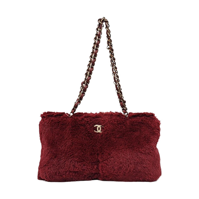 Chanel Burgundy Fur Shoulder Bag Gold Hardware-Luxbags