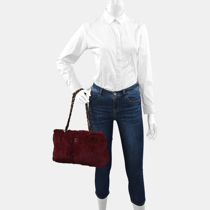 Chanel Burgundy Fur Shoulder Bag Gold Hardware
