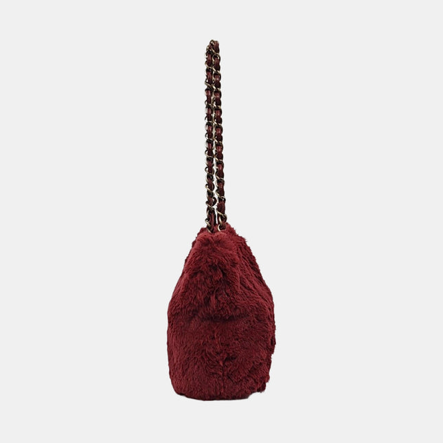 Chanel Burgundy Fur Shoulder Bag Gold Hardware