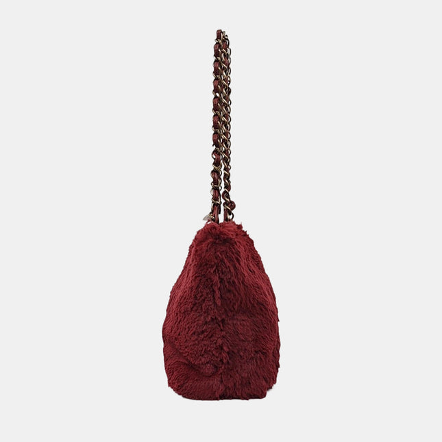 Chanel Burgundy Fur Shoulder Bag Gold Hardware
