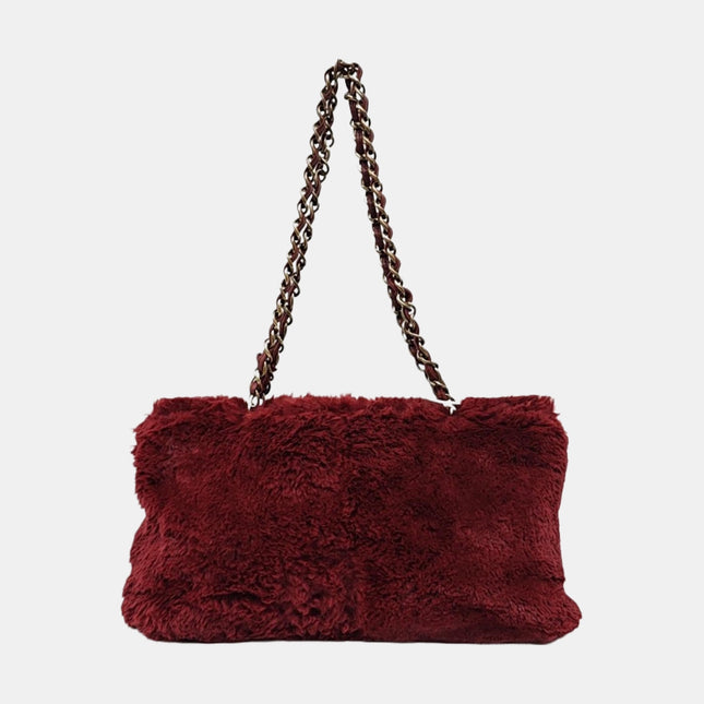 Chanel Burgundy Fur Shoulder Bag Gold Hardware